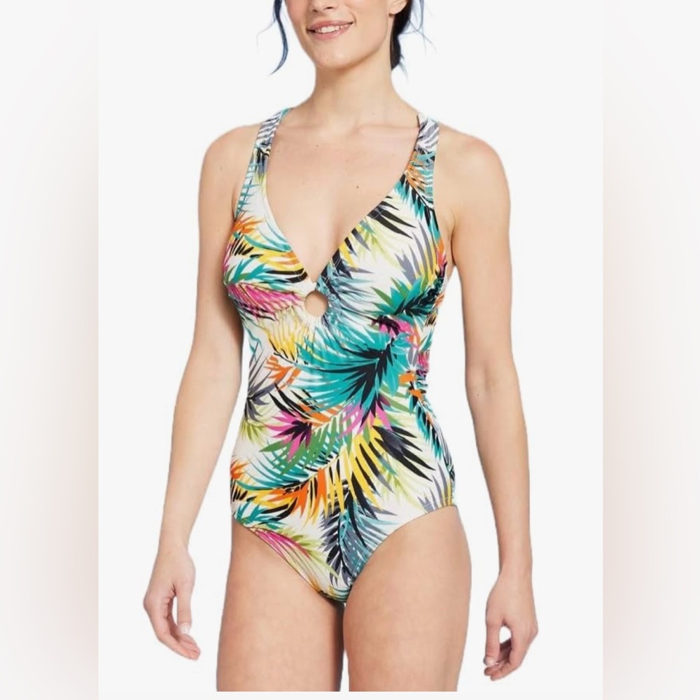 Shade & Shore Tropical Palm One-Piece Swimsuit - Teal, Yellow, Pink